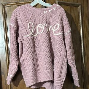 Pink Cable Knit Sweater with Love Embroidery